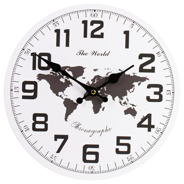 12" White and Black Battery Operated Round Wall Clock with Continent Design