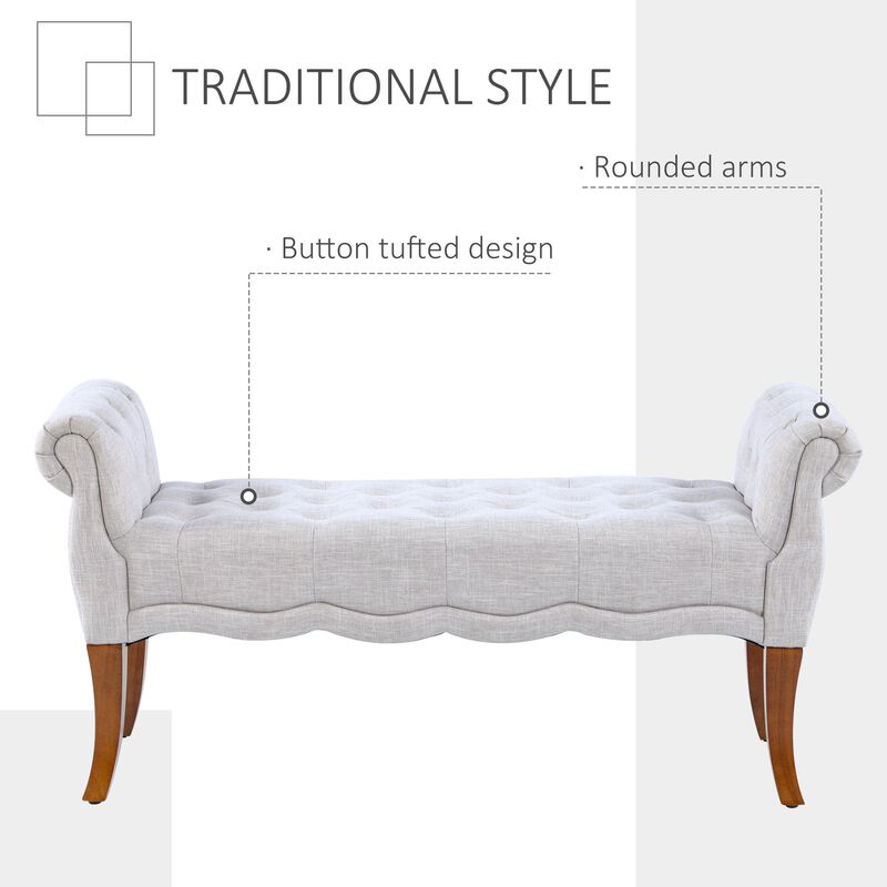 Traditional Style Entryway Bed End Shoe Bench with Button Tufted and Rounded Arm for Living Room, Light Grey