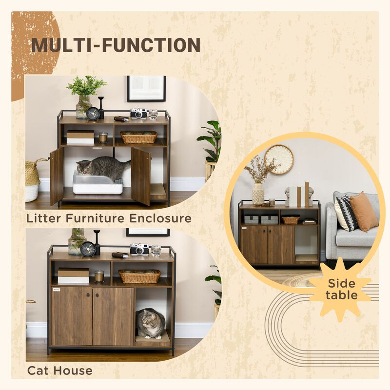 Hidden Cat Litter Box Enclosure with Scratching Pad, Cat Washroom Storage Bench Side End Table with Double Doors, Brown