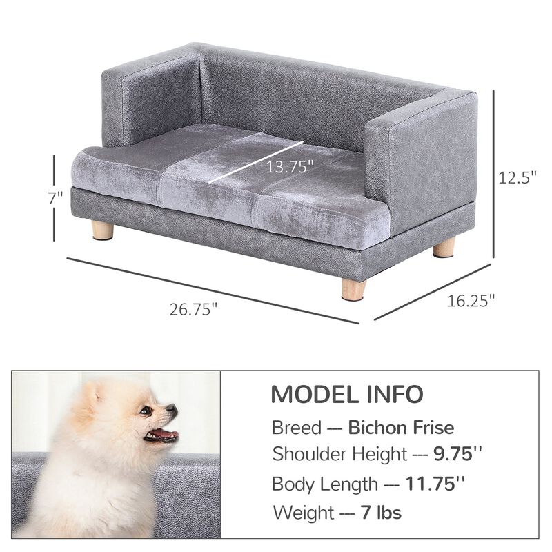 Dog Couch, Pet Sofa Bed for Small Dogs Cats with Cushion, Safety Design, Grey, 27" x 16" x 12.5"
