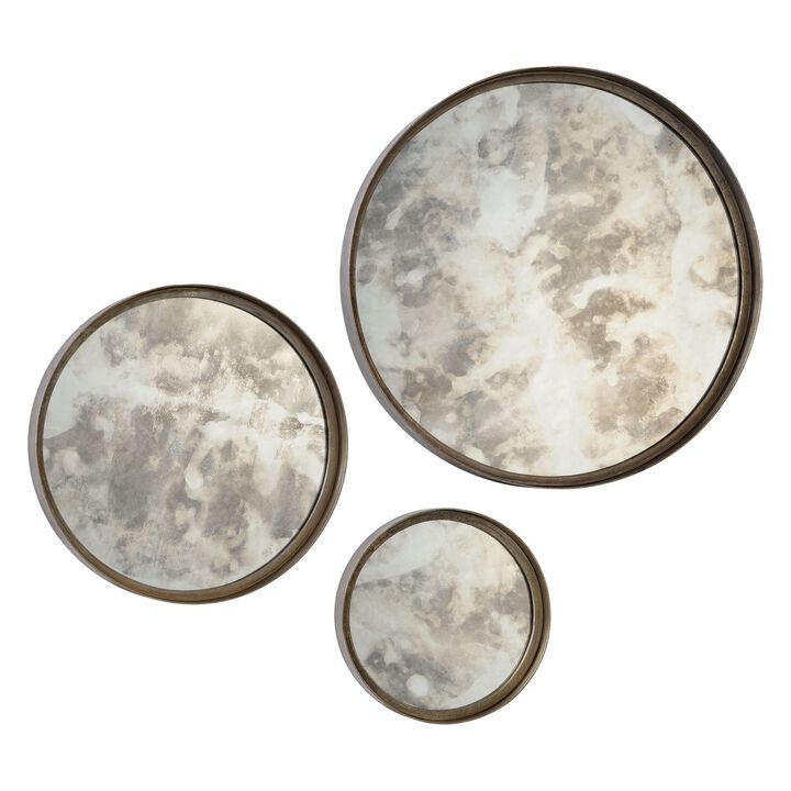 Set of 3 Antique Silver Finish Metal Framed Round Wall Mirrors 20"