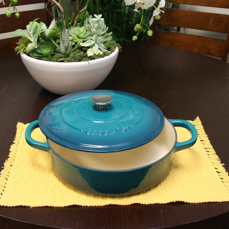 Crock Pot Artisan Enameled Cast Iron 5 Quart Round Braiser Pan with Self Basting Lid in Teal Ombre