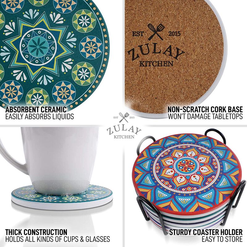 Set of 6 Mandala Absorbent Ceramic Stone Coasters for Drinks
