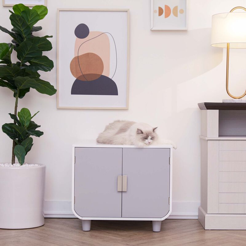 Teamson Pets Dyad Mid Century Wooden Cat Litter Box Cabinet and Side Table, Alpine White