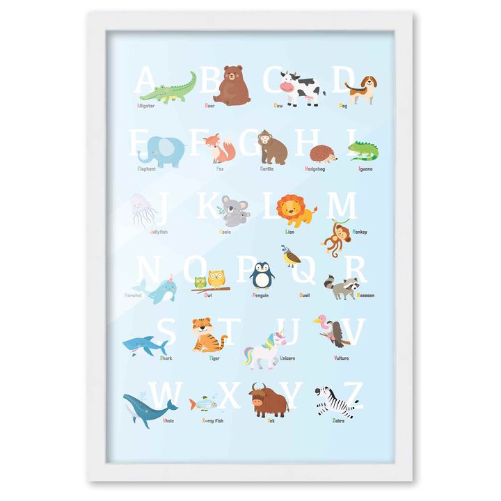 12x18 Framed Nursery Wall Art Blue Animal ABC Poster In White Wood Frame For Kid Bedroom or Playroom