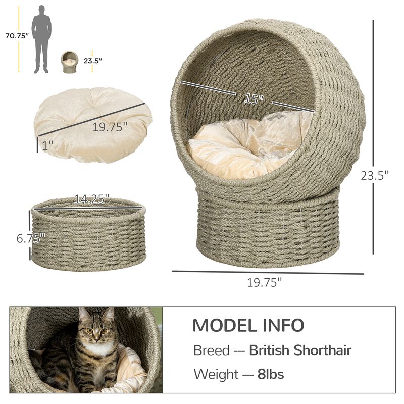 Elevated Cat Basket Bed with Cushion, Cat House with Stand for Indoor Cats, Î¦20" x 23.5"H, Light Gray