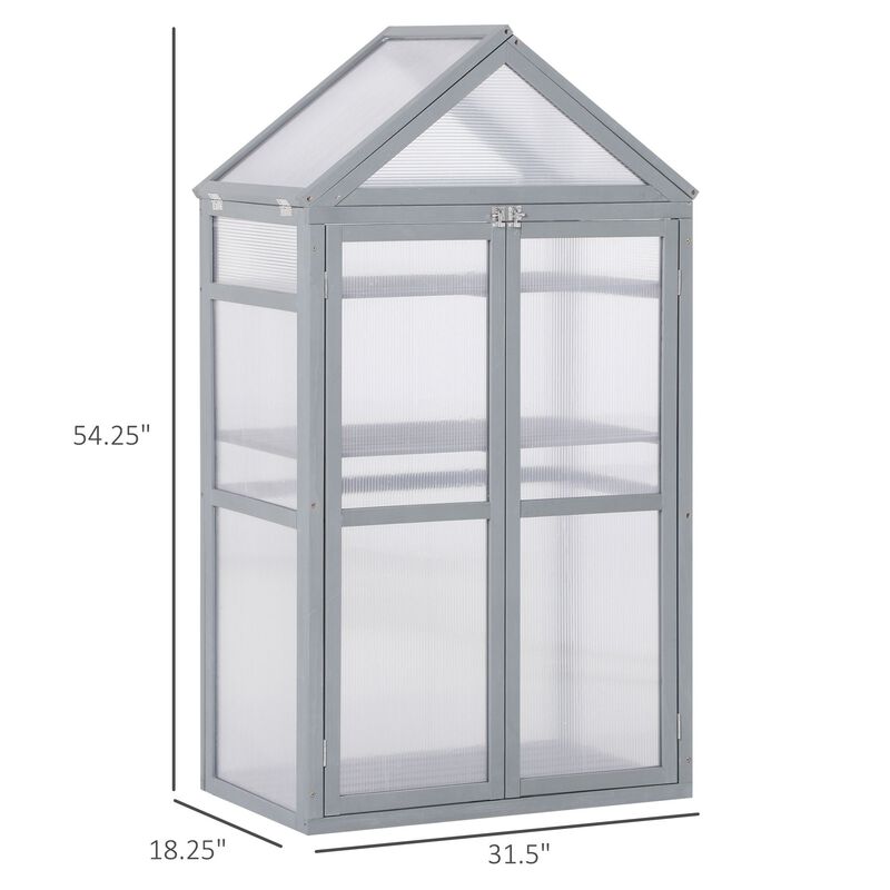 32" x 19" x 54" Garden Wooden Cold Frame Greenhouse Flower Planter Protection w/ Adjustable Shelves, Double Doors - Grey