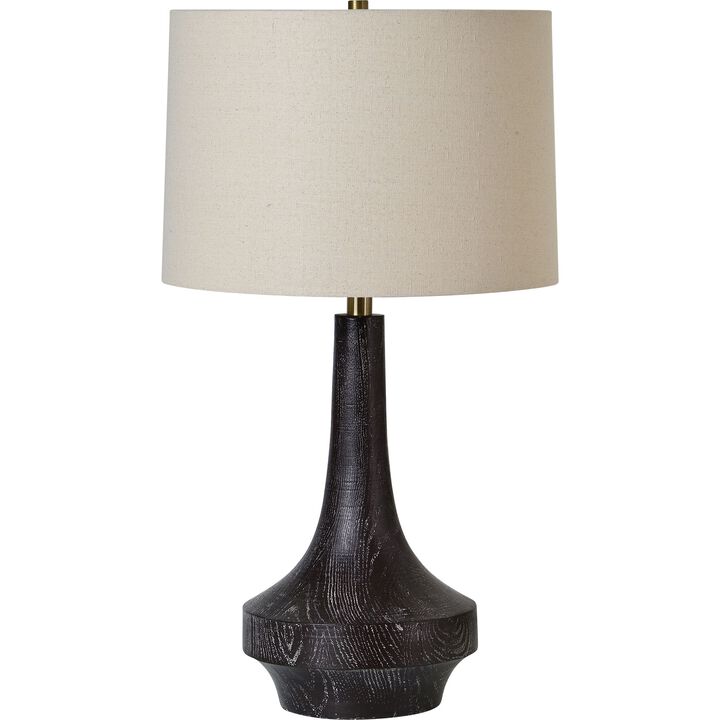 26.25" Antique Brass Wood Table Lamp with Natural Linen Shade