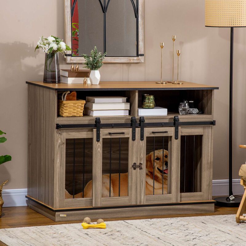2-in-1 Size-Changing Large/Small Dog Crate Table with Removable Wall, Dog Crate Furniture with Shelving, Sliding Doors, 47.25" x 23.5" x 34.75"