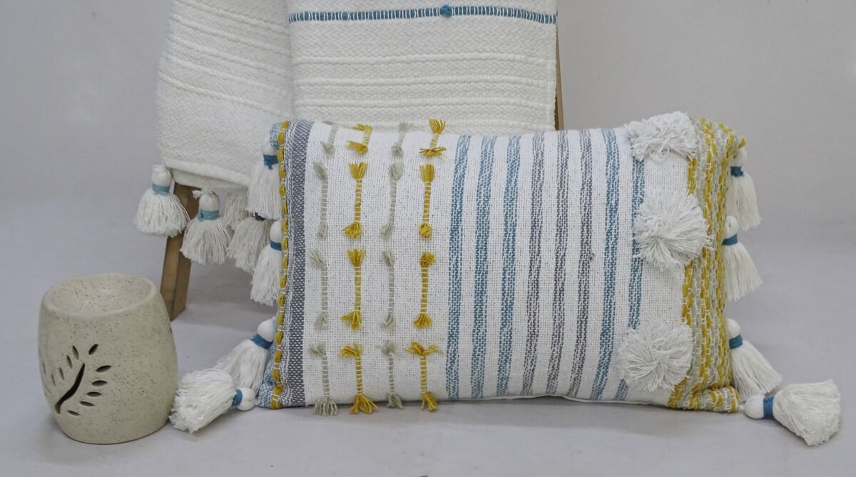Designer Striped Pillow with Large Poms and Tassels 14"x20"