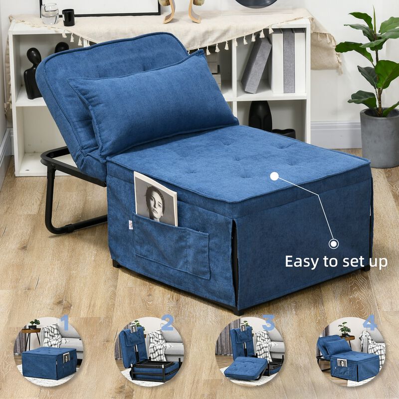 Ottoman Sofa Bed, 4 in 1 Multi-Function Button Tufted Folding Sleeper Chair Bed with Adjustable Backrest, Pillow, Side Pocket for Home Office, Bedroom, Living Room, Blue