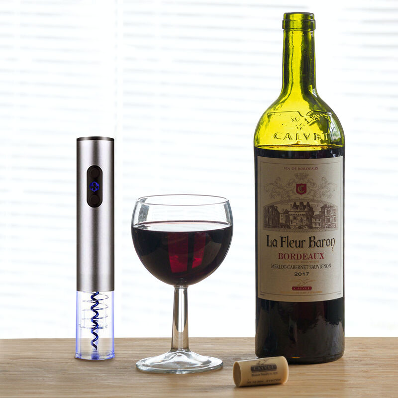 Brentwood Electric Wine Bottle Opener with Foil Cutter, Vacuum Stopper, and Aerator Pourer in Silver