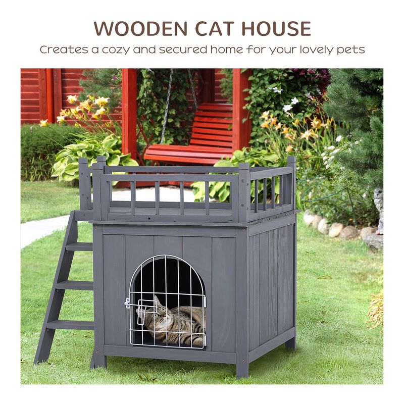 2-Level Elevated Waterproof Outdoor Wooden Treehouse Cat Shelter With Balcony, Grey