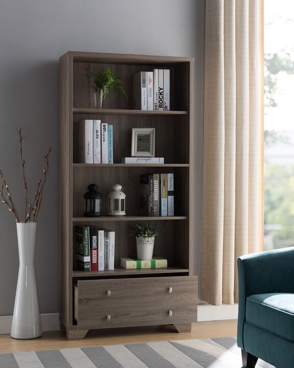 Dark Taupe Bookcase Cabinet with 4 Shelves & 2 Drawers