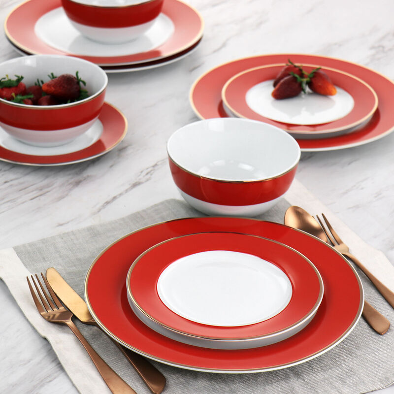 Martha Stewart Gold Rimmed 12 Piece Fine Ceramic Dinnerware Set in Red