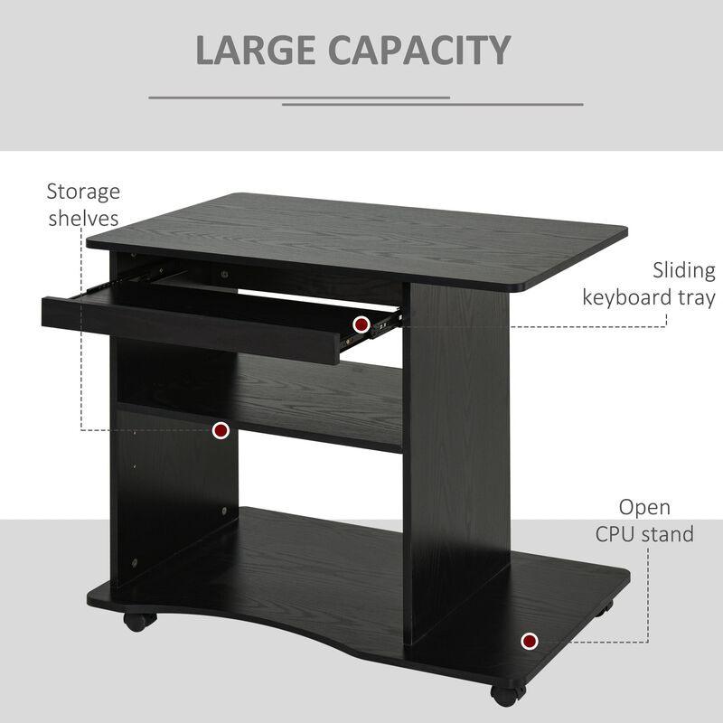 Portable Computer Desk, Office Desk, Mobile PC Desk with Sliding Keyboard Tray, Storage Shelves and Open CPU Stand, Small Home Desk, Black