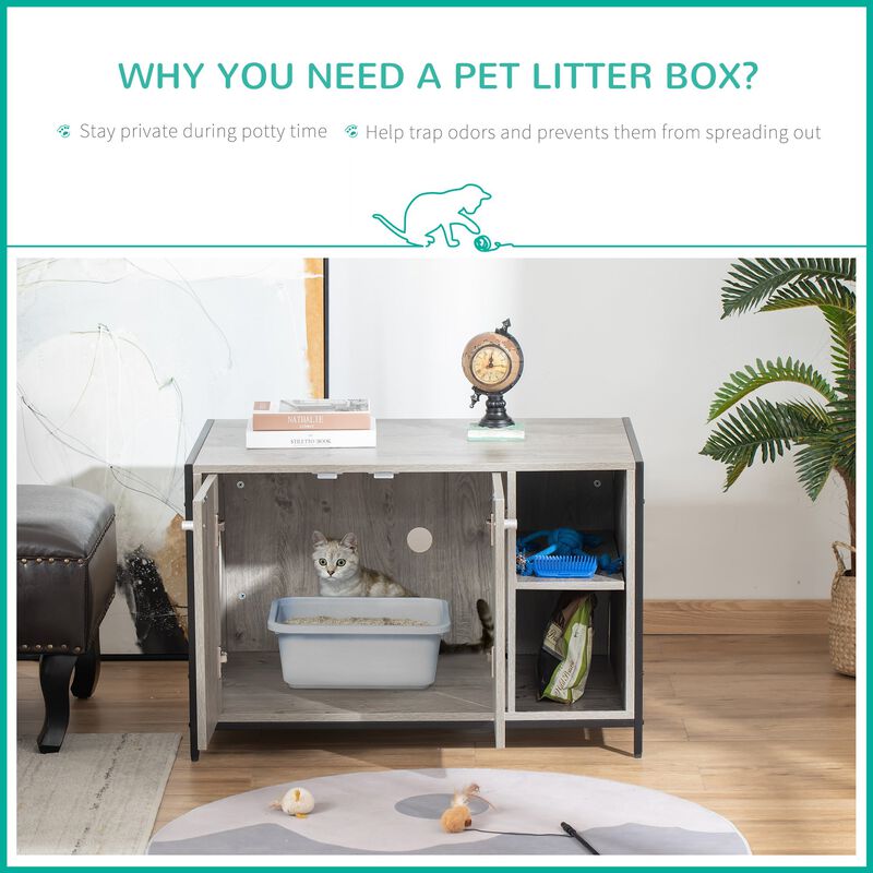 Cat Litter Box Enclosure Hidden Cat Furniture Cabinet Indoor Cat Washroom Double-door with Damping Hinge Multiple Storage Place Adjustable Grey