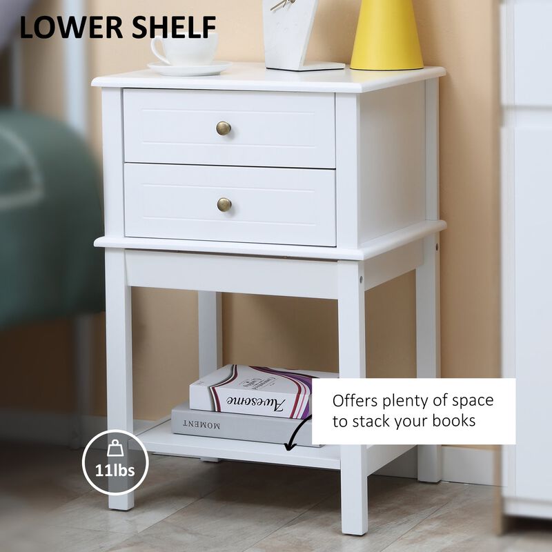 Modern Sofa Side Table with 2 Storage Drawers, End Table with Bottom Shelf for Living Room, Bedroom, White