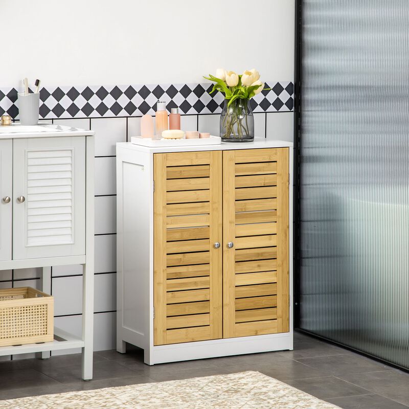 Bathroom Floor Cabinet, Side Storage Organizer Cabinet with Bamboo Doors, Adjustable Shelves for Bathroom, White and Natural