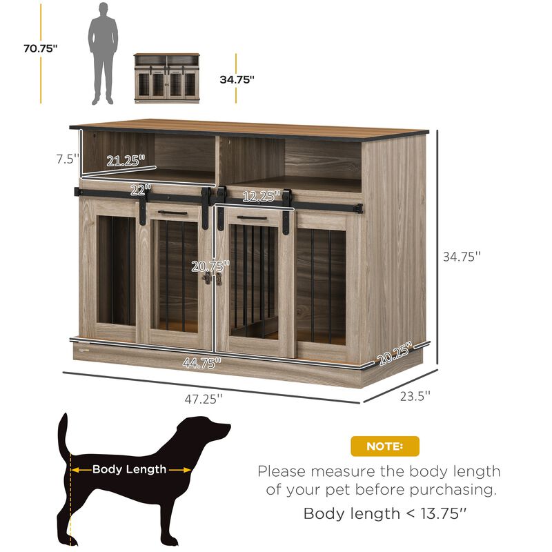 2-in-1 Size-Changing Large/Small Dog Crate Table with Removable Wall, Dog Crate Furniture with Shelving, Sliding Doors, 47.25" x 23.5" x 34.75"