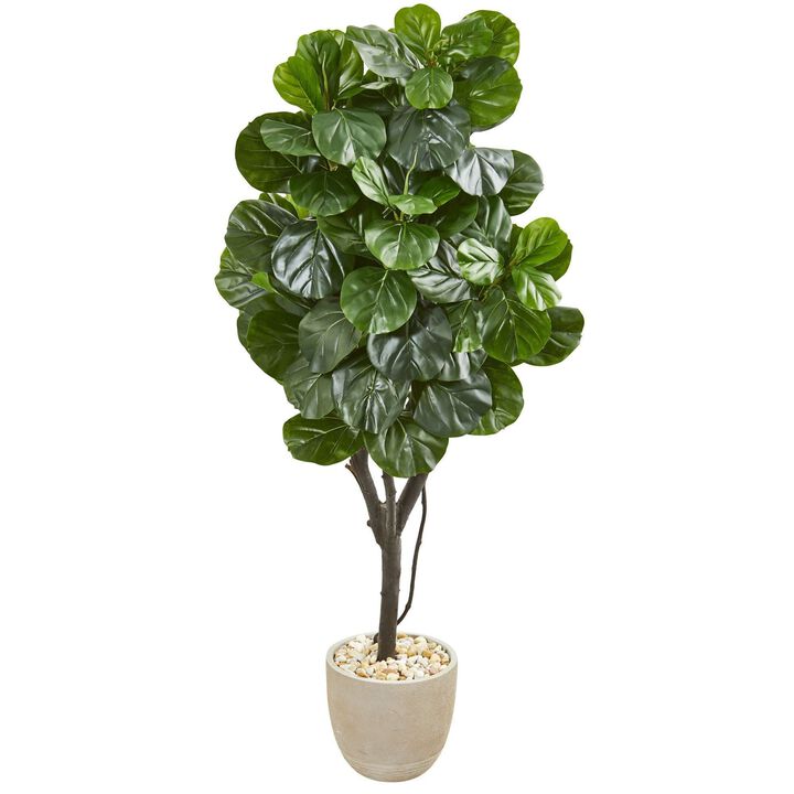 Nearly Natural 67-in Fiddle Leaf Fig Artificial Tree in Sand Stone Planter