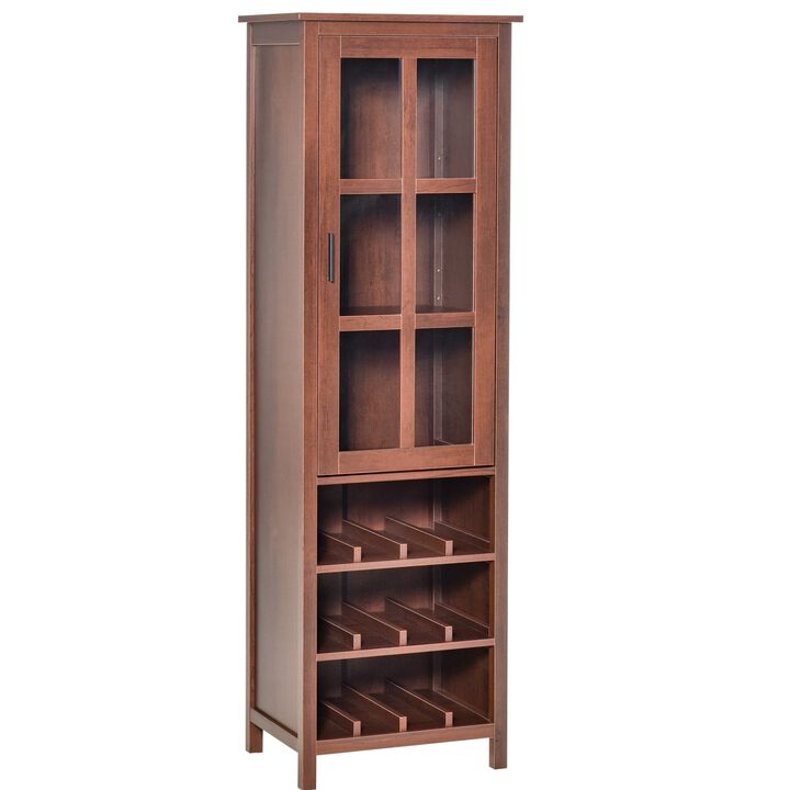 Tall Wine Cabinet, Bar Display Cupboard with 12-Bottle Wine Rack, Glass Door and 3 Storage Compartment for Home Bar, Dining Room, Walnut