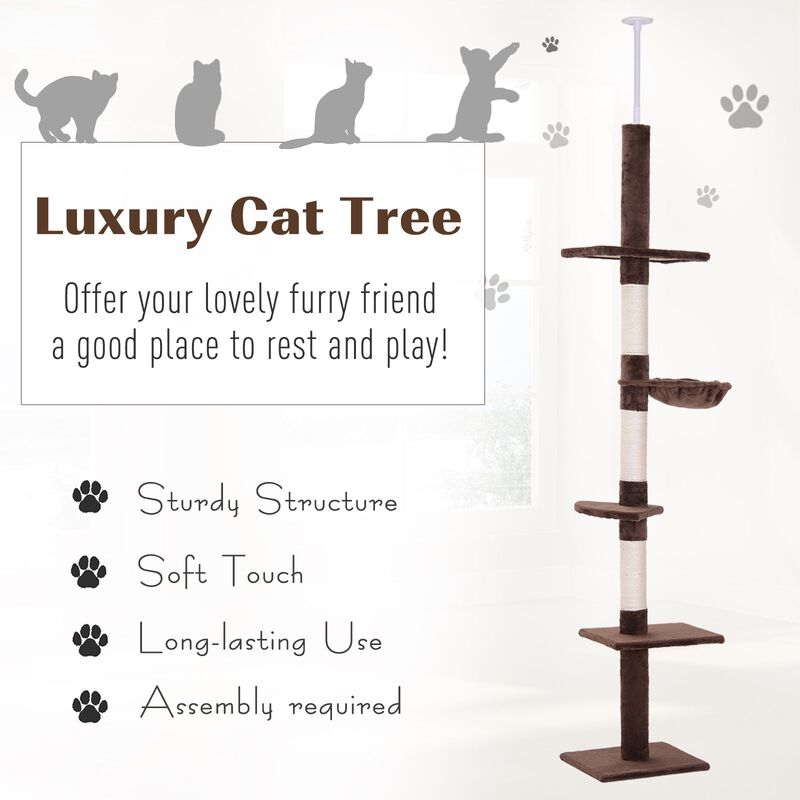 9' Modern Cat Tree Adjustable Height Floor-To-Ceiling Vertical Cat Tree - Brown and White