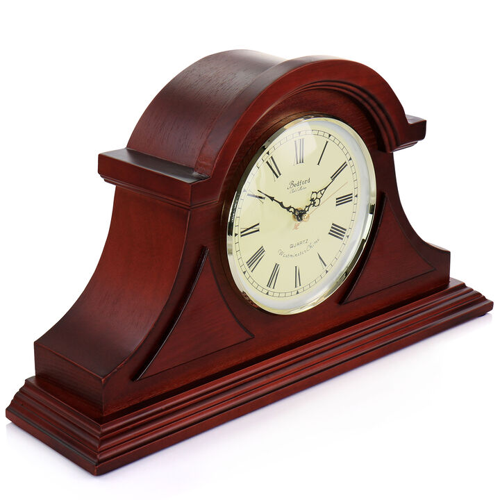 Bedford Clock Collection 17.75 Inch Redwood Tambour Mantel Clock with Chimes