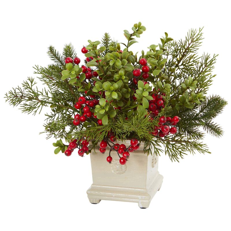 Nearly Natural 12-in Holiday Berry and Pine Artificial Arrangement