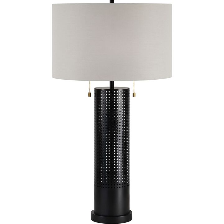 30" Black Perforated Table Lamp with Off White Drum Shade