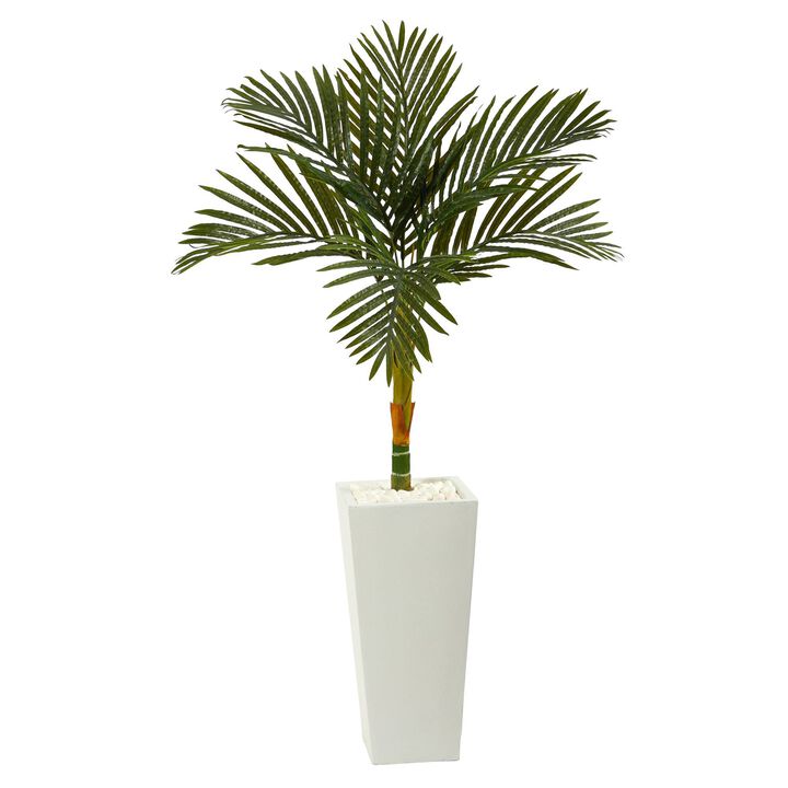 Nearly Natural 4.5-in Golden Cane Artificial Palm Tree in Tall White Planter