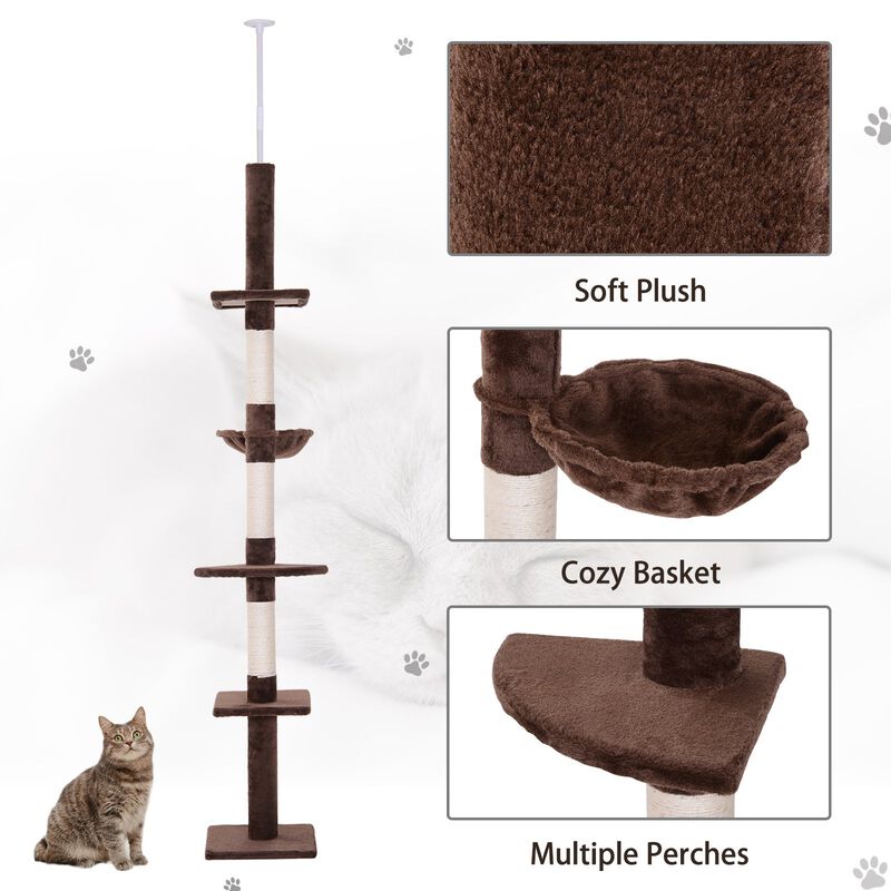 9' Modern Cat Tree Adjustable Height Floor-To-Ceiling Vertical Cat Tree - Brown and White