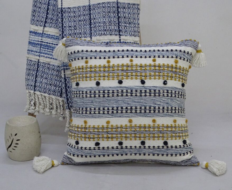 20"x20" Designer Striped Pillow with Mini Poms and Tassels