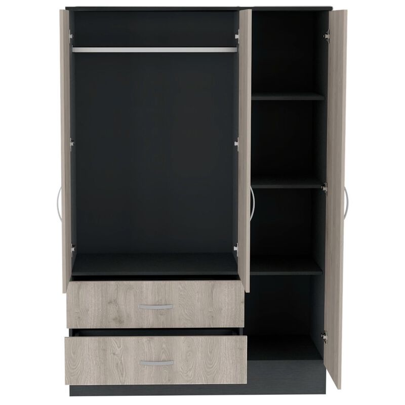 DEPOT E-SHOP Gangi 120 Mirrored Armoire, Double Door Cabinet, Two Drawers, Metal Hardware, Rods, Four Shelves, Black / Light Gray