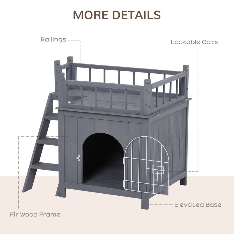 2-Level Elevated Waterproof Outdoor Wooden Treehouse Cat Shelter With Balcony, Grey
