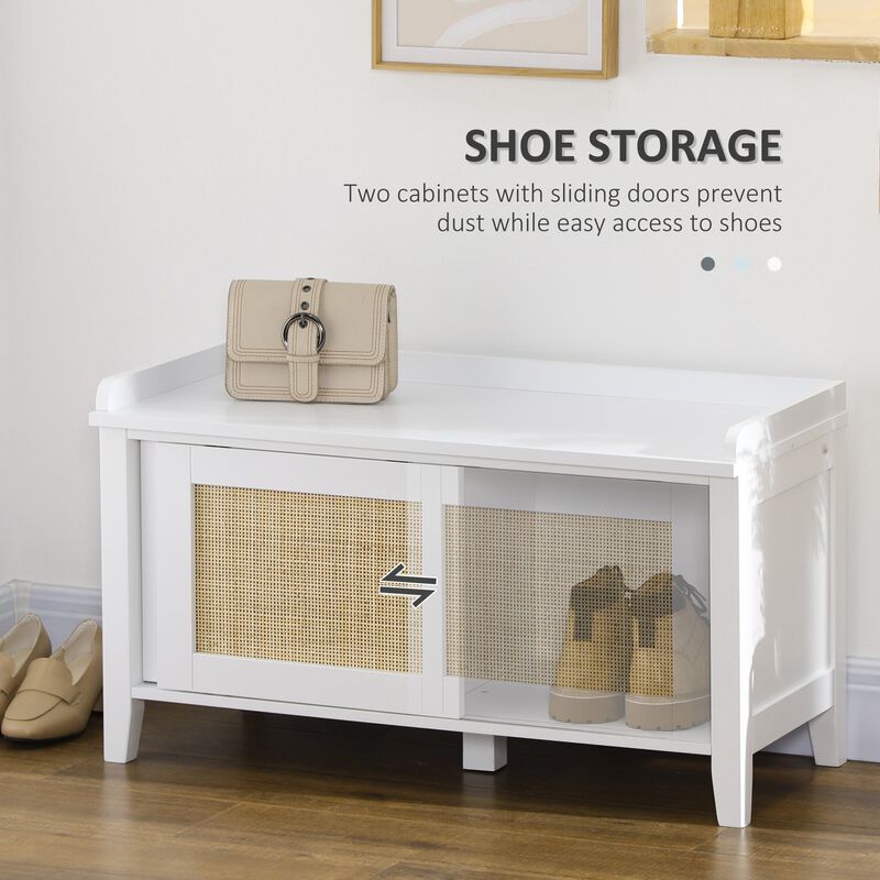 Entry Way Bench Shoe Storage Bench with Shoe Cabinets 2 Rattan Sliding Doors and Pine Wood Legs for Hallway White