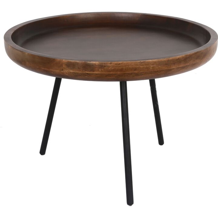 23.75" Walnut Brown and Black Round Mango Wood Accent Table