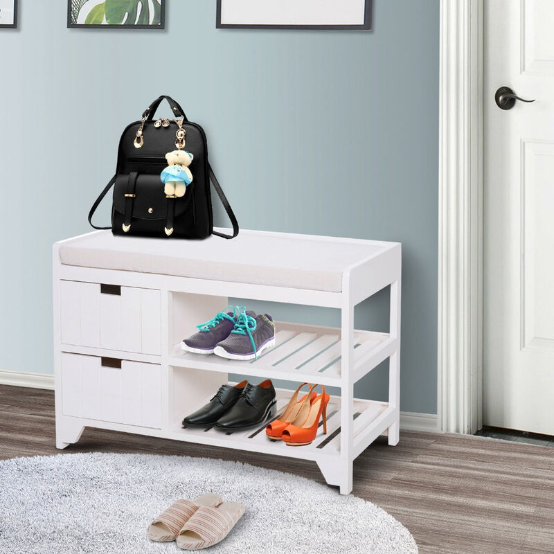 Shoe Cabinet, Wooden Storage Bench with Cushion, Entryway Rack with Drawers, Open Shelves, Country White