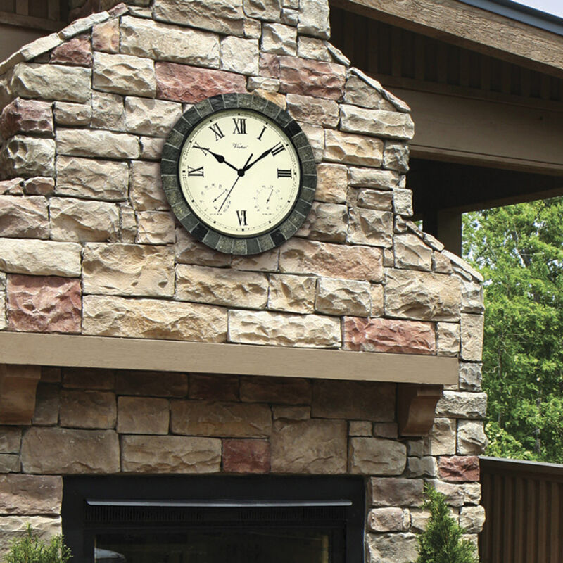 15" Battery Operated Faux Stone Large Print Roman Numeral Outdoor Clock with Thermometer and Hygrometer