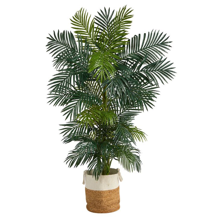 Nearly Natural 6.5-ft Golden Cane Palm Tree in Jute and Cotton Planter