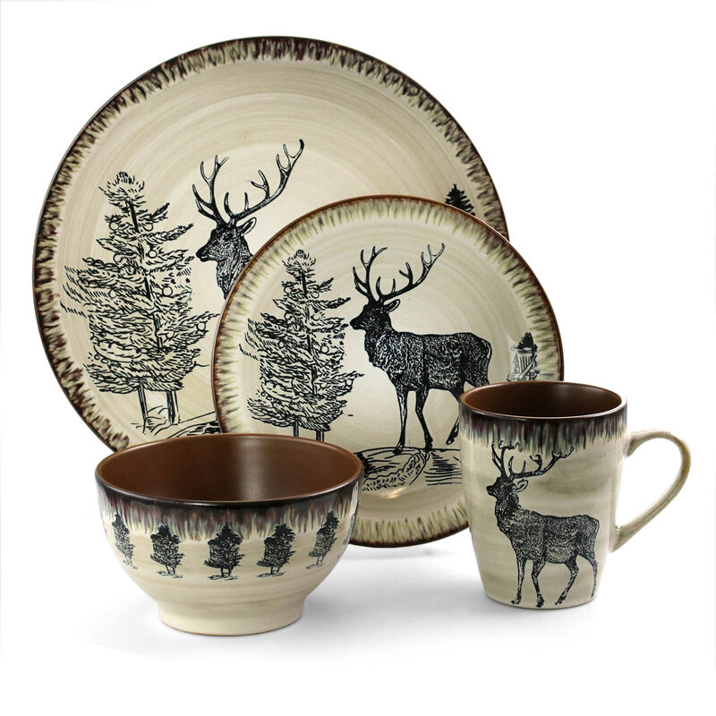 Elama Majestic Elk 16 Piece Luxurious Stoneware Dinnerware with Complete Setting for 4