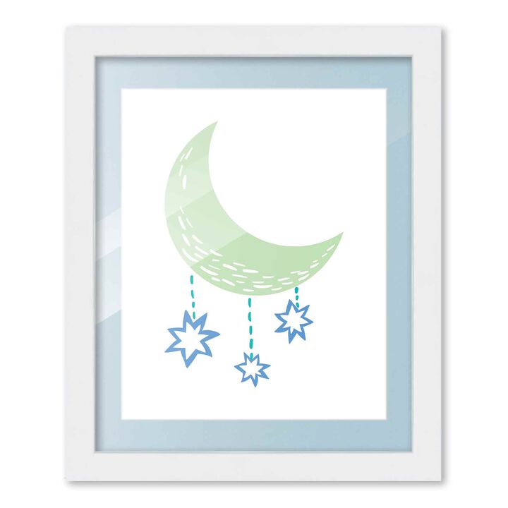 8x10 Framed Nursery Wall Art Boho Galaxy Moon Poster in Blue with Baby Blue Mat in a 10x12 White Wood Frame