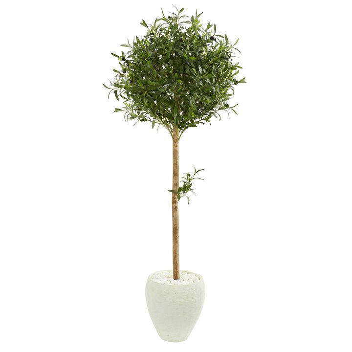 Nearly Natural 5-ft Olive Topiary Artificial Tree in White Planter