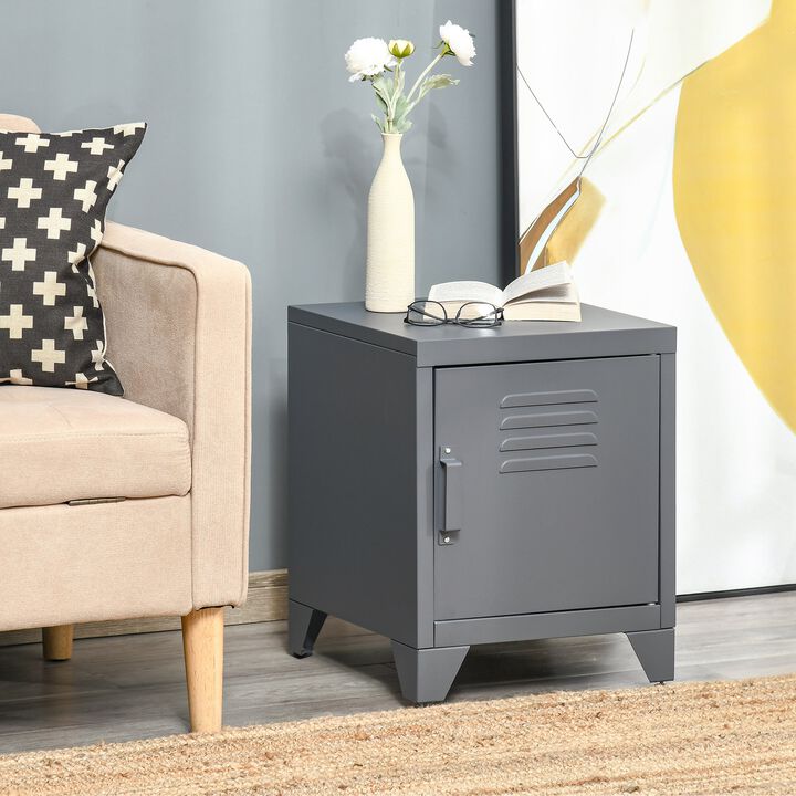 Industrial End Table, Living Room Side Table with Locker-Style Door and Adjustable Shelf, Grey