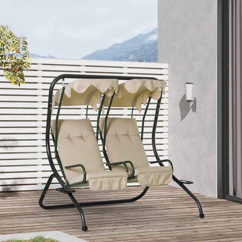 2-Seater Swing Canopy Replacement with Tubular Framework, Outdoor Swing Sunshade Top Cover (Canopy Only), Beige