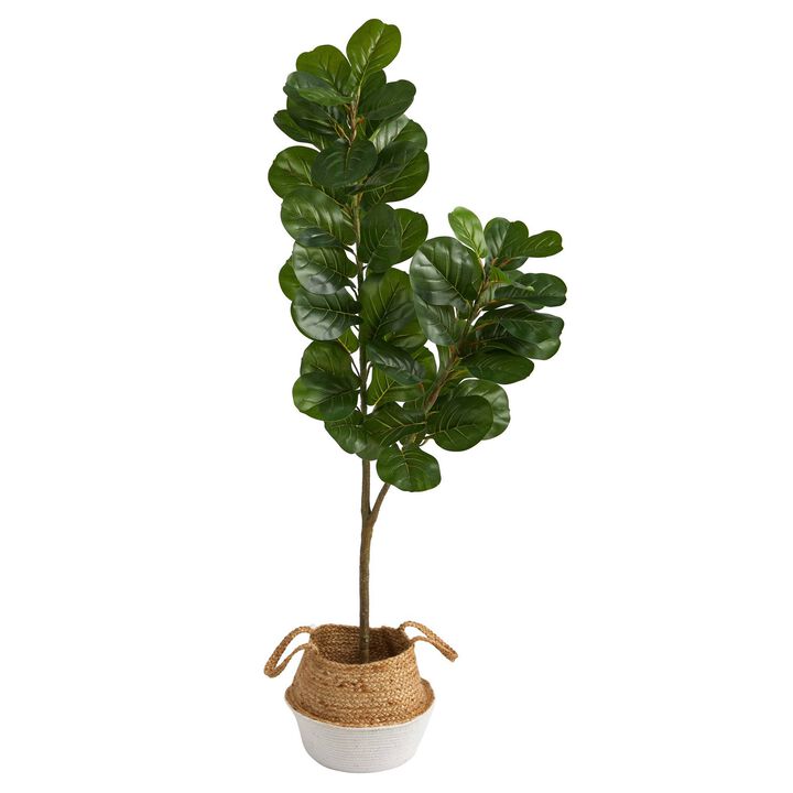 Nearly Natural 4.5-in Fiddle Leaf Fig Tree in Handmade Cotton & Jute Planter