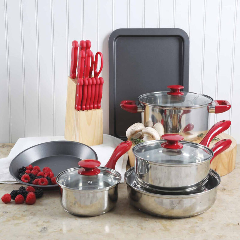 MegaChef 22 Piece Aluminum Cookware Combo Set in Red
