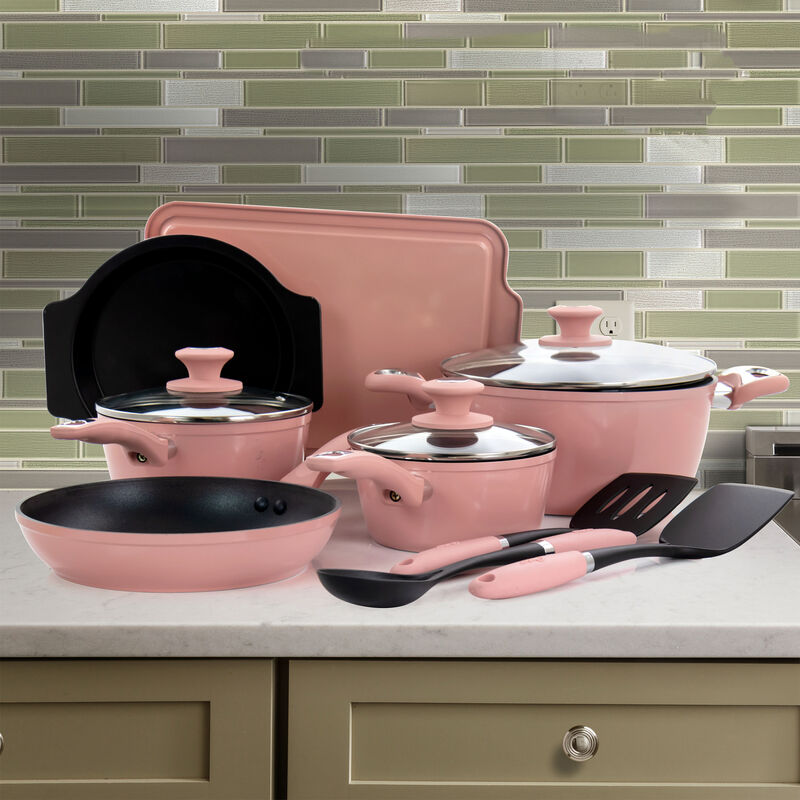 Oster Lynhurst 12 Piece Nonstick Aluminum Cookware Set in Pink with Kitchen Tools