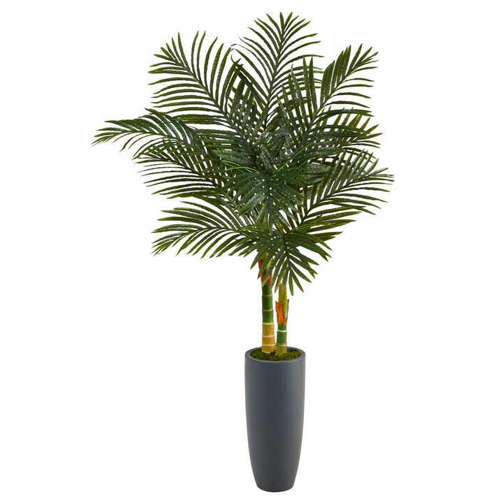 Nearly Natural 58-in Golden Cane Artificial Palm Tree in Gray Planter