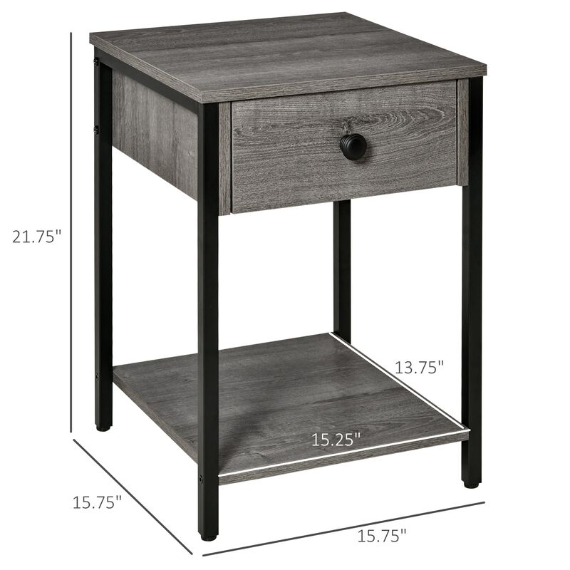 Industrial End Table with Storage Shelf, Accent Side Table with Drawer for Living Room, or Bedroom, Grey